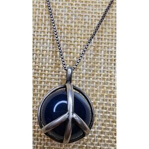 925 Silver Peace Sign Cage Natural Dark Blue Agate Stone Pendant Necklace 20"